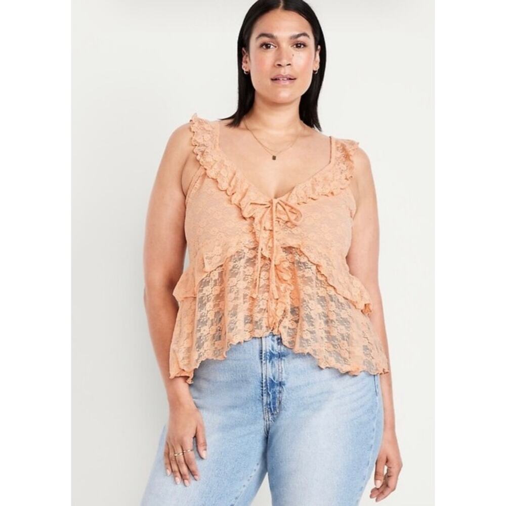 Old Navy Peach Floral Lace Cascading Tie Front Coquette Tank Top NWT M